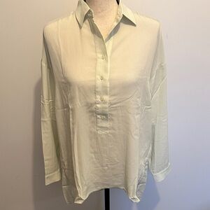 NEW Ro & De Anthropologie Green Button-Up Blouse Pleated Sheer Small Oversized